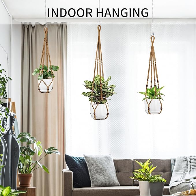 3 Pack Macrame Plant Hanger - 43"/35"/29" Different Sizes, Hanging Planter Basket Flower Pot Holder for Indoor Outdoor, with Wood Beads, Boho Home Decor, Brown (POTS NOT Included)