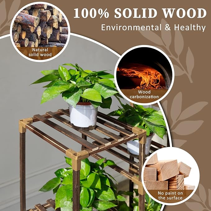 Uneedem Plant Stand Indoor Outdoor, Tall Plant Shelf for Multiple Plants, 10 tiers 11 Pot Large Plant Rack Wood Plant Holder Plant Shelves for Room Corner Balcony Garden Patio