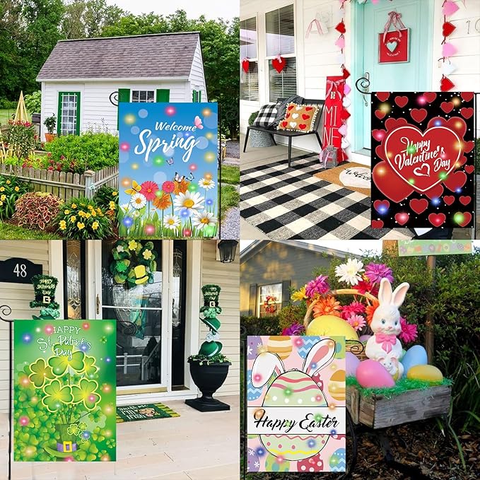 Lighted Seasonal Garden Flags Set of 12 Double Sided 12 x 18 Inch LED Yard Flags, Small Flags for Outside, Fall Winter Halloween Christmas Outdoor Flags,Solar Holiday Garden Flags for All Seasons