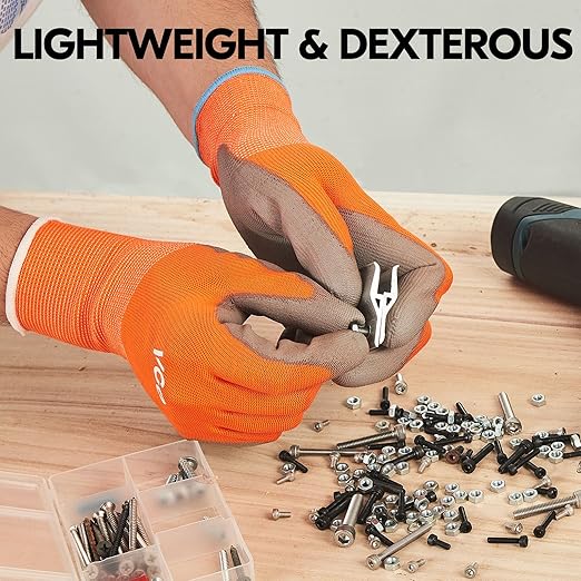 Vgo... 15-Pairs Safety Work Gloves, Gardening Gloves, Polyurethane Coated, Dipping Gloves, Latex Free (Size M,Orange, PU2103)