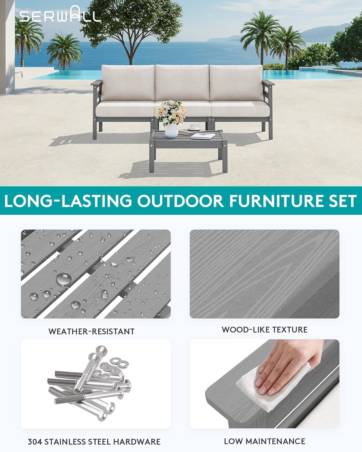 SERWALL HDPE Patio Furniture Set 4 Pieces, All-Weather Wood-Like Outdoor Sofa Couch with Coffee Table for Deck, Lawn, Grey Frame with Khaki Cushion