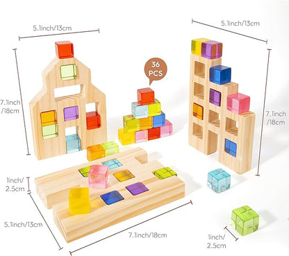 Woodtoe Wooden Building Blocks Set for Kids, 36 PCS Rainbow Acrylic Gem Cubes Blocks - 3 Wood House, Montessori Stacking Toy for Toddlers, Educational STEM Birthday Toys for Boys Girls 3-6