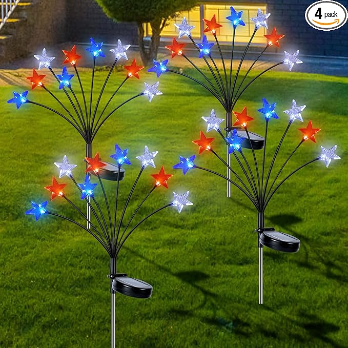 4th of July Decorations Solar Garden Lights, Fourth of July Red White and Blue Star Solar Lights Outdoor, Waterproof Patriotic Decor with 9 LED 2 Lighting Modes for Independence Day, 4 Pack