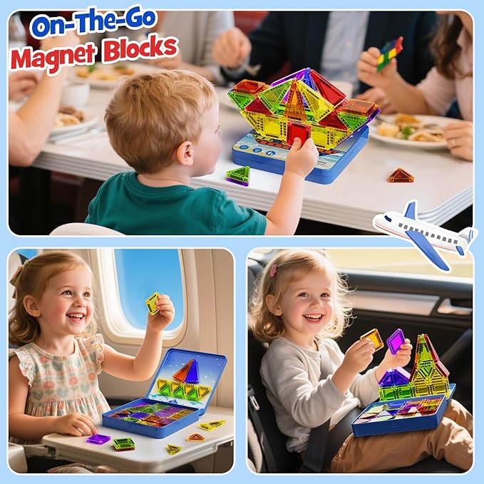 60PCS Mini Magnetic Tiles Travel Set with Metal Storage Box, Magnetic Blocks Kids Toy 3D Clear Magnetictiles Road Trip ‌Essentials Montessori Preschool Classroom Must Haves Xmars Gift for Age 3+