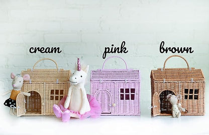 Rool Rattan House Shaped Basket Wicker Small Dollhouse Gift for Girls, Boho Toys, Mouse in a Box House, Little Girl Purse Clutch, Doll Carrier (Pink)