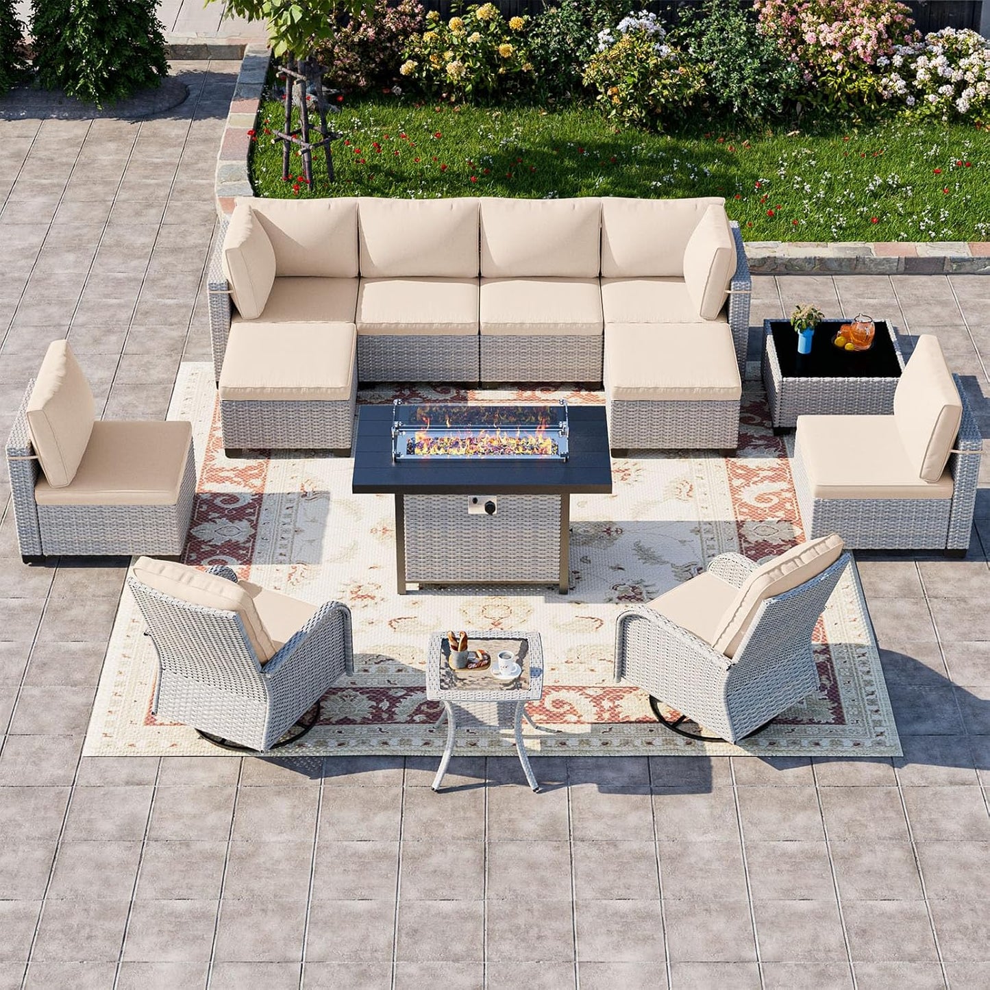13-Piece Patio Furniture Set, Outdoor Patio Furniture with Swivel Chairs Set, Ottomans, 55,000 BTU Fire Pit Table, Modular Patio Sofa, Dual-Strand Wicker Rattan, Rust-Resistant Frame, Khaki