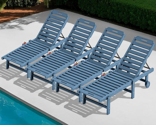 SERWALL Patio Chaise Lounge Set of 4, HDPE Outdoor Lounge Chair with Cup Holder, 5 Positions Adjustable Poly Lounge Chair with Rolling Wheels for Poolside, Deck, Sunbathing, Blue