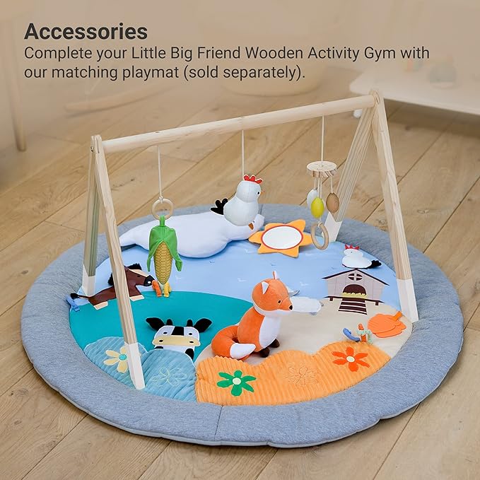 Little Big Friends Wooden Baby Activity Gym – Montessori Play Gym for Babies | Encourages Motor Skills & Sensory Development | Includes Crinkle Fabrics, Wooden Chimes & Hanging Toys – Farm