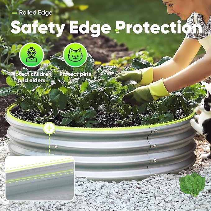 KING BIRD Raised Garden Bed Galvanized Round Planter Box Outdoor for Gardening, Plants, Vegetables, Flowers, Silver, 47x47x12 in