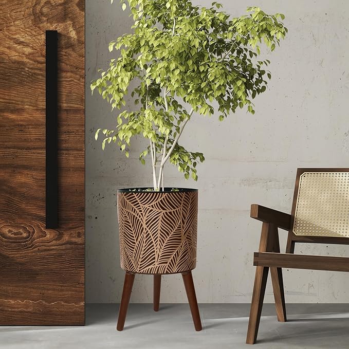 12inch Black Plant Pots for Indoor Plants Large Boho Flower Pot with Stand Modern Planters with Gold Floral Embossed Standing Planter with Drainage for Living Room, Office, Garden or Balcony