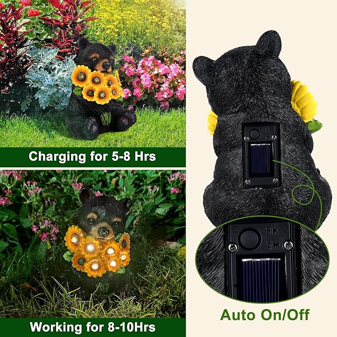Solar Garden Lights Outdoor Statues Black Bear with Sunflowers, LED Lighted Garden Decor Waterproof Figurines for Patio Porch Balcony Yard Lawn Lantern, Unique Garden Statues for Housewarming Gifts
