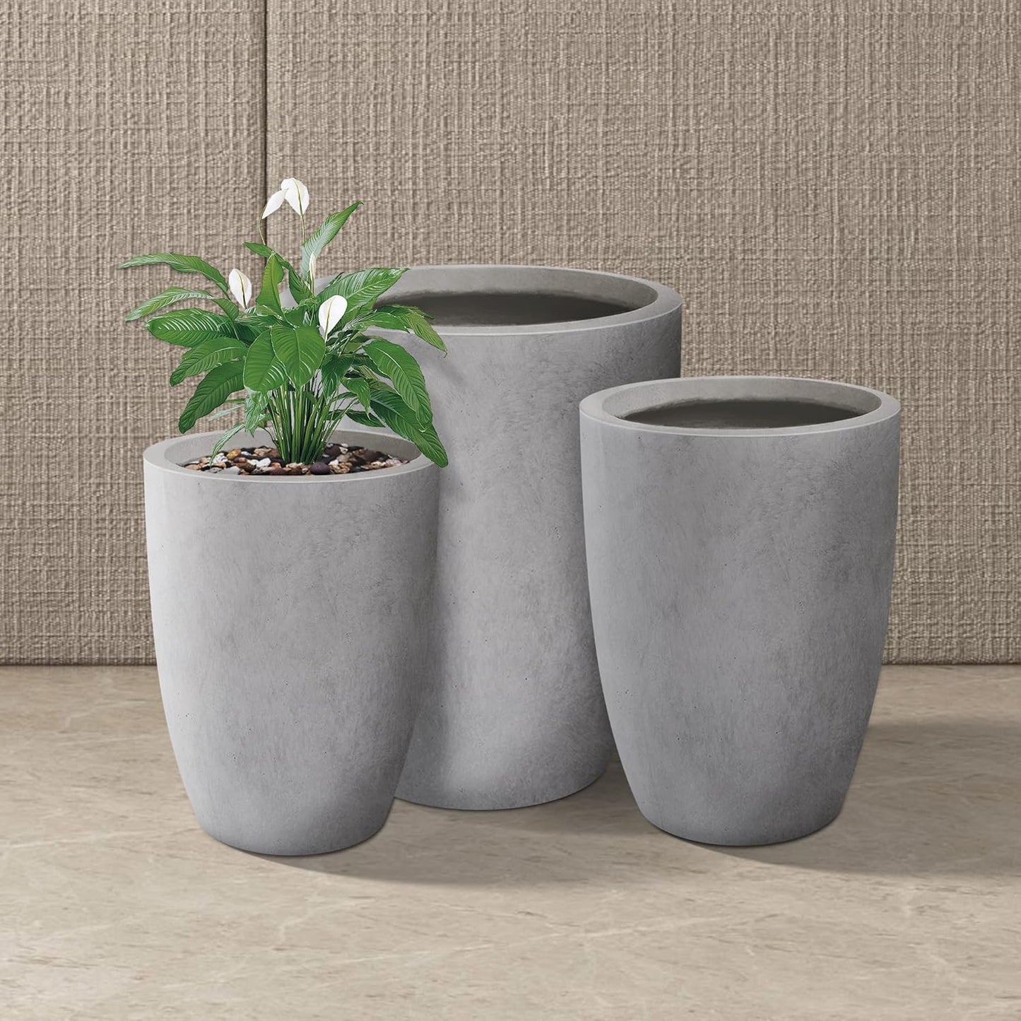 Kante 18.1",20.5",22.4" H Tall Round Concrete Planters Set of 3, Outdoor Indoor Modern Decorative Plant Pots with Drainage Hole & Rubber Plug for Home & Garden Natural Concrete