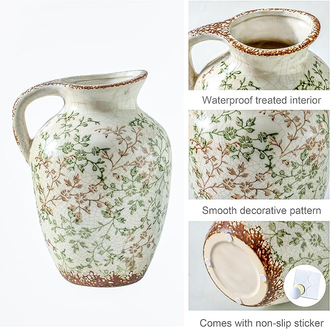 Enra Vintage vase,Ceramic Chinoiserie Floral Vase,Green and Beige Decorative Flower vase,Large Rustic Vases for Home Decors, Living Room, Bookshelf, Office，9.7 inch