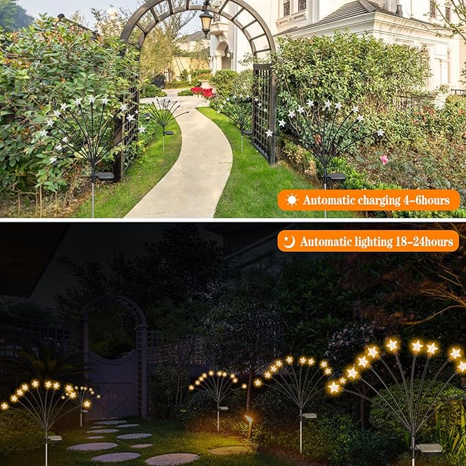 2 Pack Star Solar Firefly Lights, Outdoor Waterproof Garden Lights,Decorative Lights, Flexibility Swaying Lights for Pathway Yard Walkway Patio Decoration, Warm White