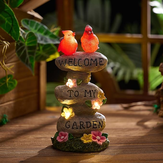 TERESA'S COLLECTIONS Garden Statues with Outdoor Solar Lights for Garden Decor, Cardinal Birds Welcome Yard Sign Rocks & Flower Resin Valentines Decorations, Gifts for Mom Yard Decor, 11"