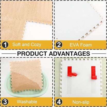 36 Pcs Plush Interlocking Carpet Tiles, Non-Toxic Foam Carpet Tiles for Toddler Baby, Machine-Washable, Anti-Slip, EVA Foam Interlocking Tiles for Floor, Nursery, Playroom, Grey White Light Brown