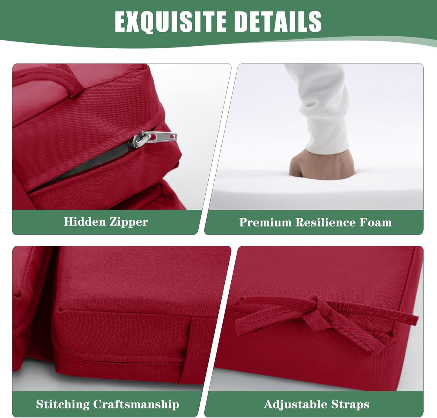 Chaise Lounge Cushions Outdoor Set of 4 - Waterproof and Fade Resistant Sun Lounger Replacement Cushions - Patio Lounger Pads with Removable Cover for Pool, Deck, Lawn, 80 x 26 x 3 Inch, Red