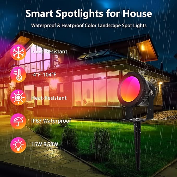 Spotlight Outdoor Control with Smart APP, 2 Pack 15W RGBW Landscape Lighting, Dimmable Color Changing IP67 Waterproof Spot Light Warm Flood Light for House Pathway Garden Yard Tree