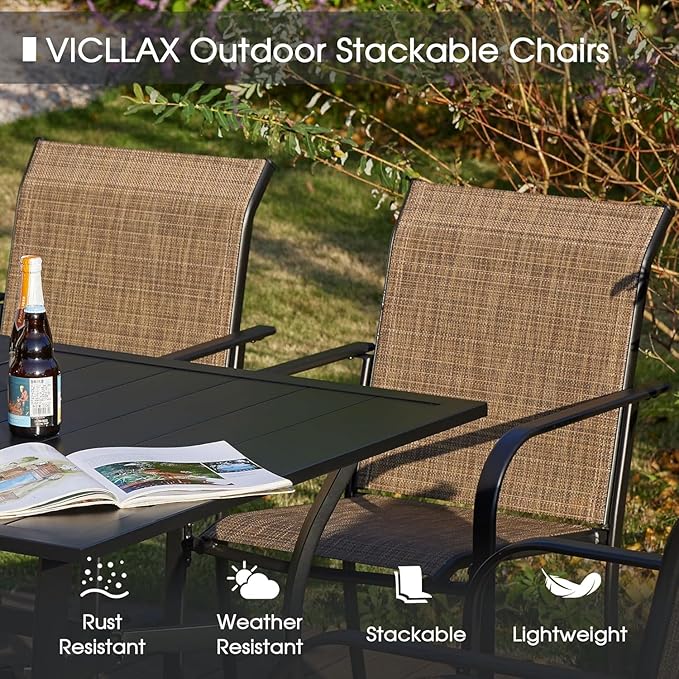 VICLLAX Patio Dining Set for 8, 9 Pieces Outdoor Furniture Set Includes 56.3" Round Patio Table and 8 Patio Stackable Chairs, Outdoor Table and Chairs for Outsides, Walnut Tabletop and Brown Fabric