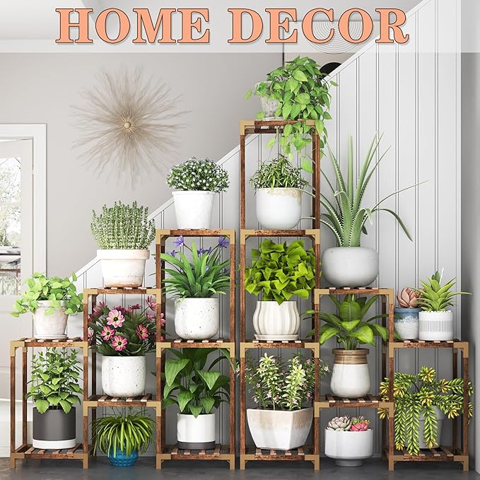 HOMKIRT Corner Plant Stand Indoor Outdoor for Multiple Plants, Large Tall Plant Shelf Rack Table Holder with Hanging Space Flower Stand for Patio Porch Balcony Garden Boho Decor