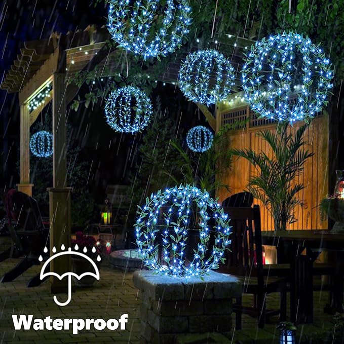 Flacchi Hanging Iron Sphere Lights with Artificial Greenery – 12Inch 120 LED Waterproof Outdoor/Indoor Decor Ball Light with Timer & 8 Modes – 2 Pack for Garden, Christmas, Weddings (Blue)