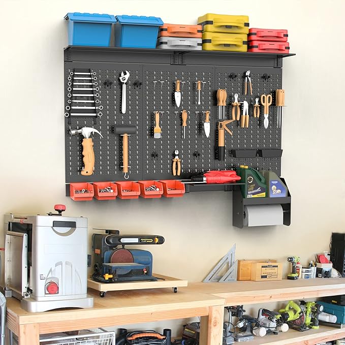TORACK Metal Pegboard Wall Organizer 4ft Wide, Tool Storage Pegboard System for Garage with Accessories, Wall Mount Storage Bins, Shelves, Peg board Tool Organizer Kit for Workbench(Black)