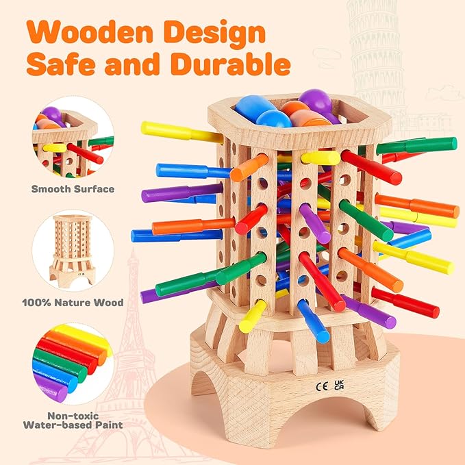 Montessori Wooden Board Game, Educational Toys for 3 4 5 6 Year Old, Board Games for Kids with Colorful Sticks, Math Game Fine Motor Skills Toys, Family Travel Games for Kids and Adults Gifts for 3+