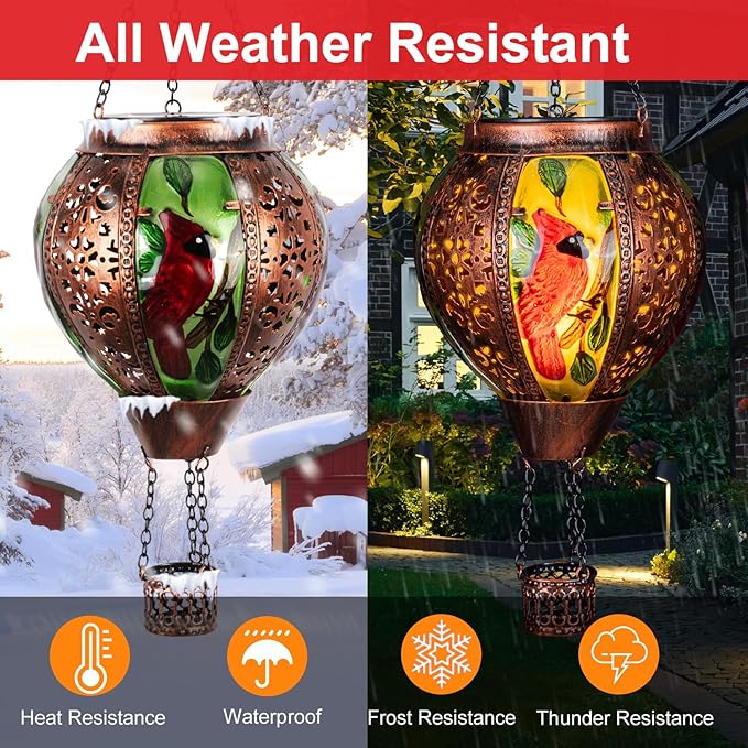 Hot Air Balloon Solar Lantern Outdoor - Flame Hanging Solar Light Waterproof Lanterns for Patio Garden Yard Farmhouse Decor, Great Gift(Cardinal 2)