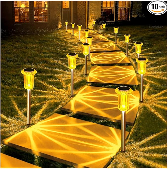 DenicMic Solar Lights Outdoor Pathway Lights LED Waterproof Acrylic Lamp Head Stainless Steel Stake for Yard Garden Landscape Path Walkway Driveway Patio Lawn (Orange 10Pack)