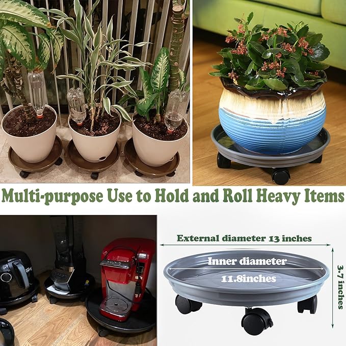 6 Packs Plant Caddy with Wheels 12" Plastic Rolling Plant Stands Heavy-duty Plant Dolly with Casters Indoor and Outdoor Plant Roller Base Large Heavy Plant Pot Saucers with Wheels Plant Mover, Grey