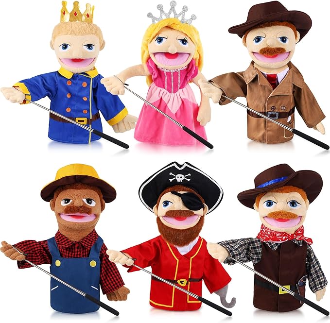 6 Pcs Role Play Hand Puppets Profession Worker Entrepreneur Plush Toys Role-Play Toy Puppets for Kids Storytelling Imaginative Pretend Play Teaching Preschool(Adventurers)