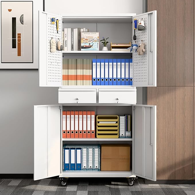 Metal Garage Storage Cabinet with Locking Doors and 2 Adjustable Shelves, Rolling Tool Storage Cabinet with 4 Wheels and 2 Drawer for Garage, Warehouse, White, Assembly Required