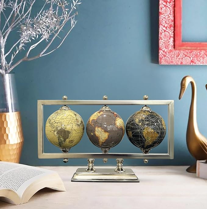Rely+ Set of 3 4'' World Globes Sturdy Metal Silver Stand Rotating Desktop Globe For Geographic Home Decorative Desk Table Office Gift - Book Shelf Decor World Globe - Landscape