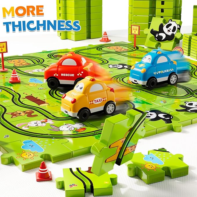 64PCS Puzzle Race Track Car Set for Kids Boys, Floor Puzzle Tracks Car Toys for Boys Girls Ages 3-5 4-6, Toddler Toys Gifts for 3 4 5 Year Old, Ideal 3 4 5 6 Year Old Birthday Gifts