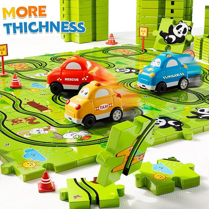 64PCS Puzzle Race Track Car Set for Kids Boys, Floor Puzzle Tracks Car Toys for Boys Girls Ages 3-5 4-6, Toddler Toys Gifts for 3 4 5 Year Old, Ideal 3 4 5 6 Year Old Birthday Gifts