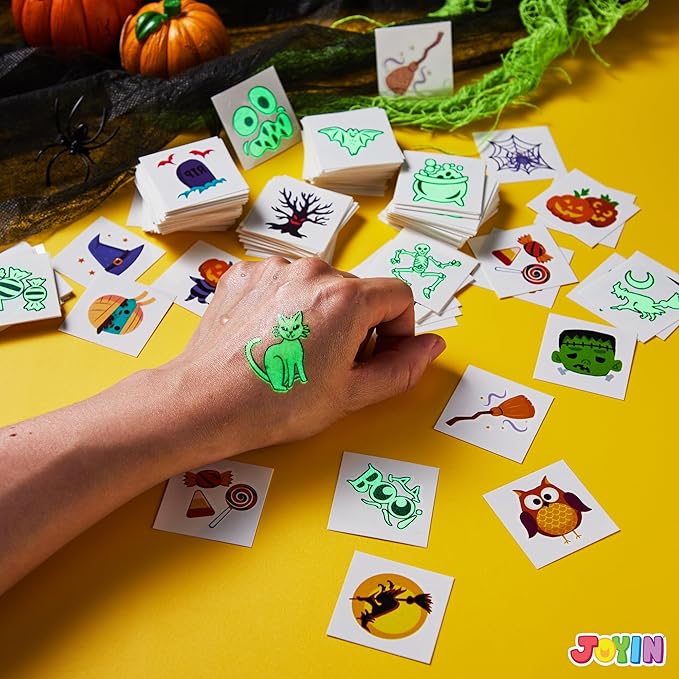 JOYIN 306 Pcs Halloween Tattoos for Kids, Glowing Temporary Tattoos in Assorted Designs Bulk for Child Trick or Treat Gifts Halloween Party Favor Decorations Goodie Bags Supplies Class Game Prizes