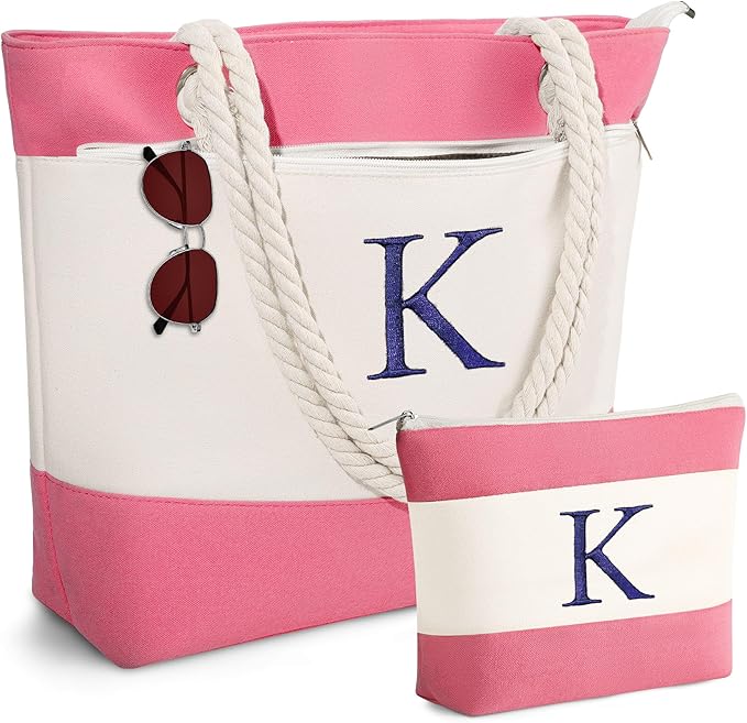YOOLIFE Beach Bags for Women - Initial Tote Waterproof Bag with Makeup Bag, Mothers Day Gifts for Women Mom Friend Birthday