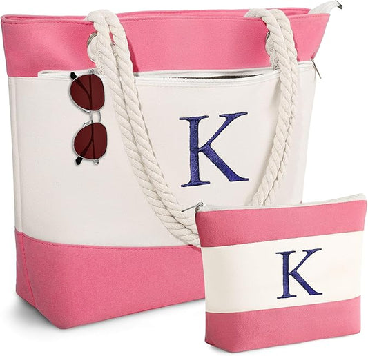 YOOLIFE Beach Bags for Women - Initial Tote Waterproof Bag with Makeup Bag, Mothers Day Gifts for Women Mom Friend Birthday