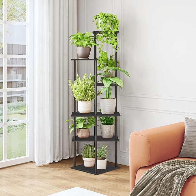 Plant Stand Indoor 6-Tier Metal Wood Plant Shelf for Multiple Flower Pots Corner Tall Flower Holders for Living Room Balcony Bedroom, Black