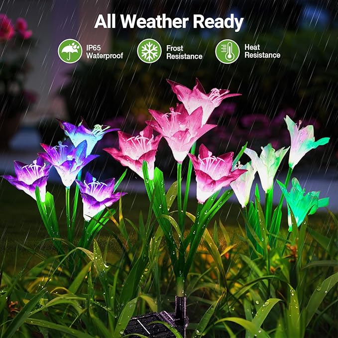 WdtPro Solar Lights Outdoor Garden Decorative Flowers 6 Pack, Waterproof Solar Garden Lights with 24 Lily Flowers, Multi Color Changing LED Solar Powered Landscape Lights for Yard Garden Patio