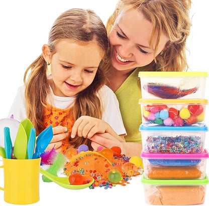 Sensory Kit for Toddlers and Kids - Includes 6 Bins with Lids, Play Tools, Sand, Feathers, Clay, Color Beads and Pom Poms Kids Box Fillers (4 Pack)