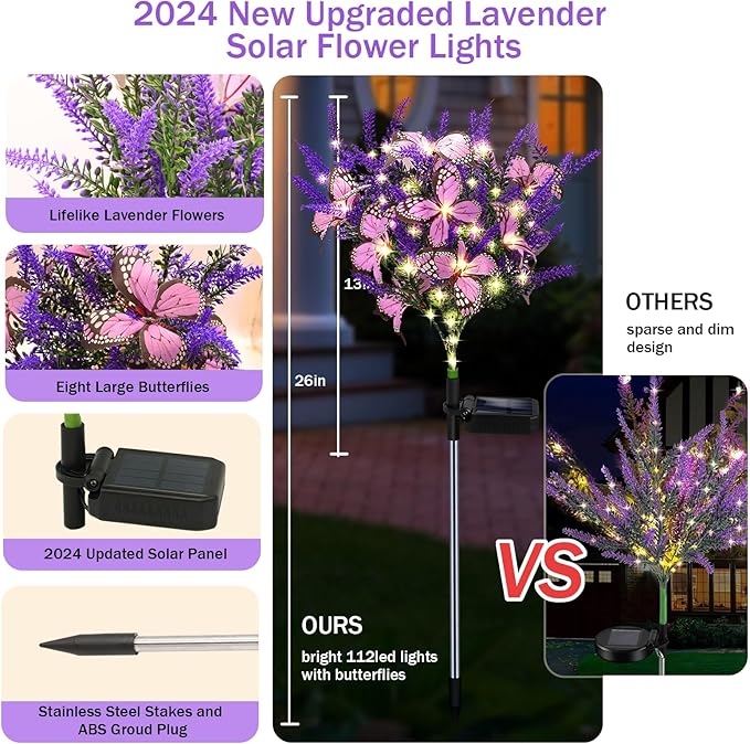 Solar Garden Lights Outdoor, 2 Pack Purple Lavender Solar Butterfly Lights Gardening Gifts for Women, Purple Solar Artificial Flower with Butterfly Purple Garden Decor for Lawn Patio-Warm White
