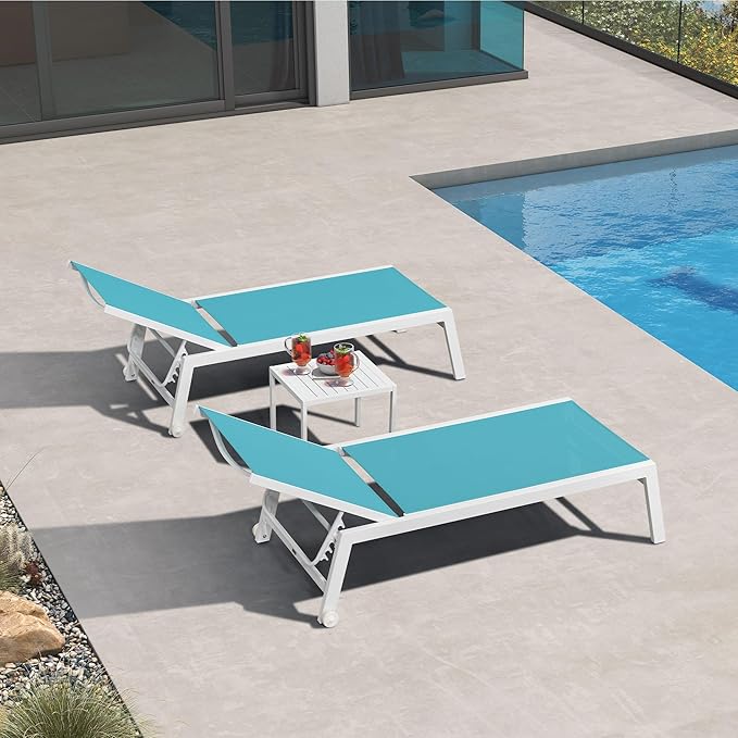 PURPLE LEAF Lounge Chair Outdoor Set of 4 White Aluminum Lounge Chairs with Wheels and Table Outdoor Chaise Lounge for Patio Pool Yard, Turquoise