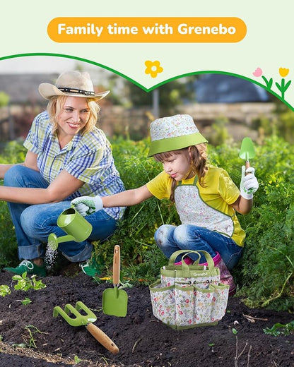 Kids Gardening Set Toys, Quality Garden Tool Kit for Kids and Toddlers, Includes Two Shovels, Garden hat,Rake, Apron,Gloves, Watering Can, and Tool Bag (Green)