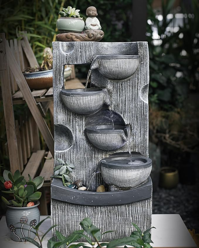 23.43" H Outdoor Water Fountain, 5 Tiers Bowls Garden Water Fountains with LED Light, Modern Natural Waterfall Fountain for Garden, Patio, Yard and Home Art Decor