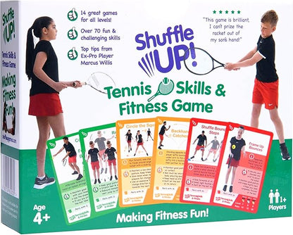 Shuffle Up Tennis Card Games - 70+ Fun & Active Skills Cards for Kids, Fitness Cards Develop Fundamentals, Stamina & Strength, Easy to Play for Kids | Multiple Skill Level Cards Include 2 Dices