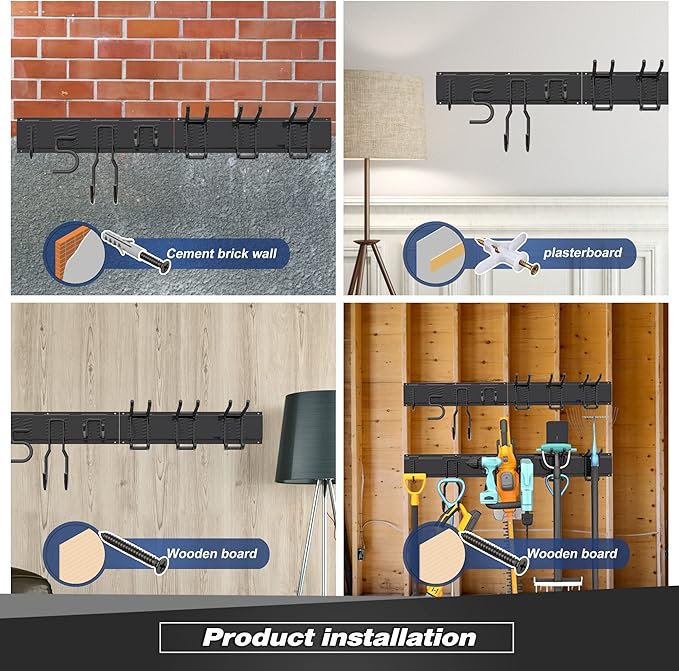 Storaboks Heavy Duty Garage Storage Rack System, Wall Mounted Tool Organizer with 8 Double Hooks, 3 Rails, Garden Yard Tools Hanger for Ski Gears, Broom, Rake, Shovel