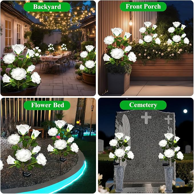 DWH 1 Pack Solar Garden Lights Outdoor, 7-Flower Rose Solar Lights for Yard, LED Solar Powered Stake Lights for Patio Pathway Lawn Fence Cemetery, White