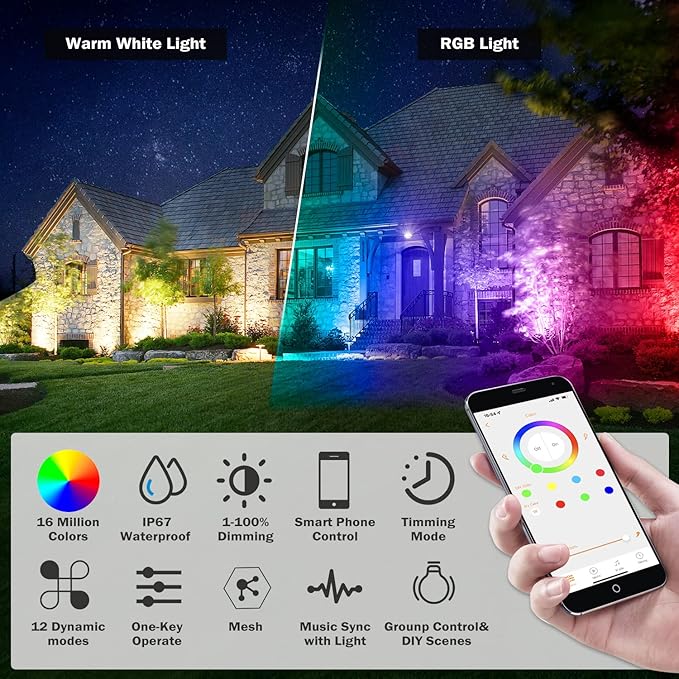 Smart Outdoor Lights,15w Halloween Lights with US Plug,12V APP Control Spotlight with Waterproof,Dimmable Spot Lights with Timer（NO Remote）