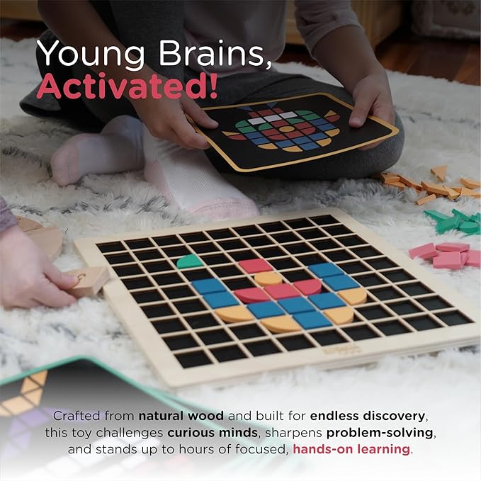 Tomaze Montessori Mosaic Tinker Tangram Set - Large Pixel Pattern Play Blocks, Wooden Grid Board, Educational STEM Puzzle for Learning Letters, Shapes - Safe & Easy To Grasp - Toy Gift for Kids Age 4+